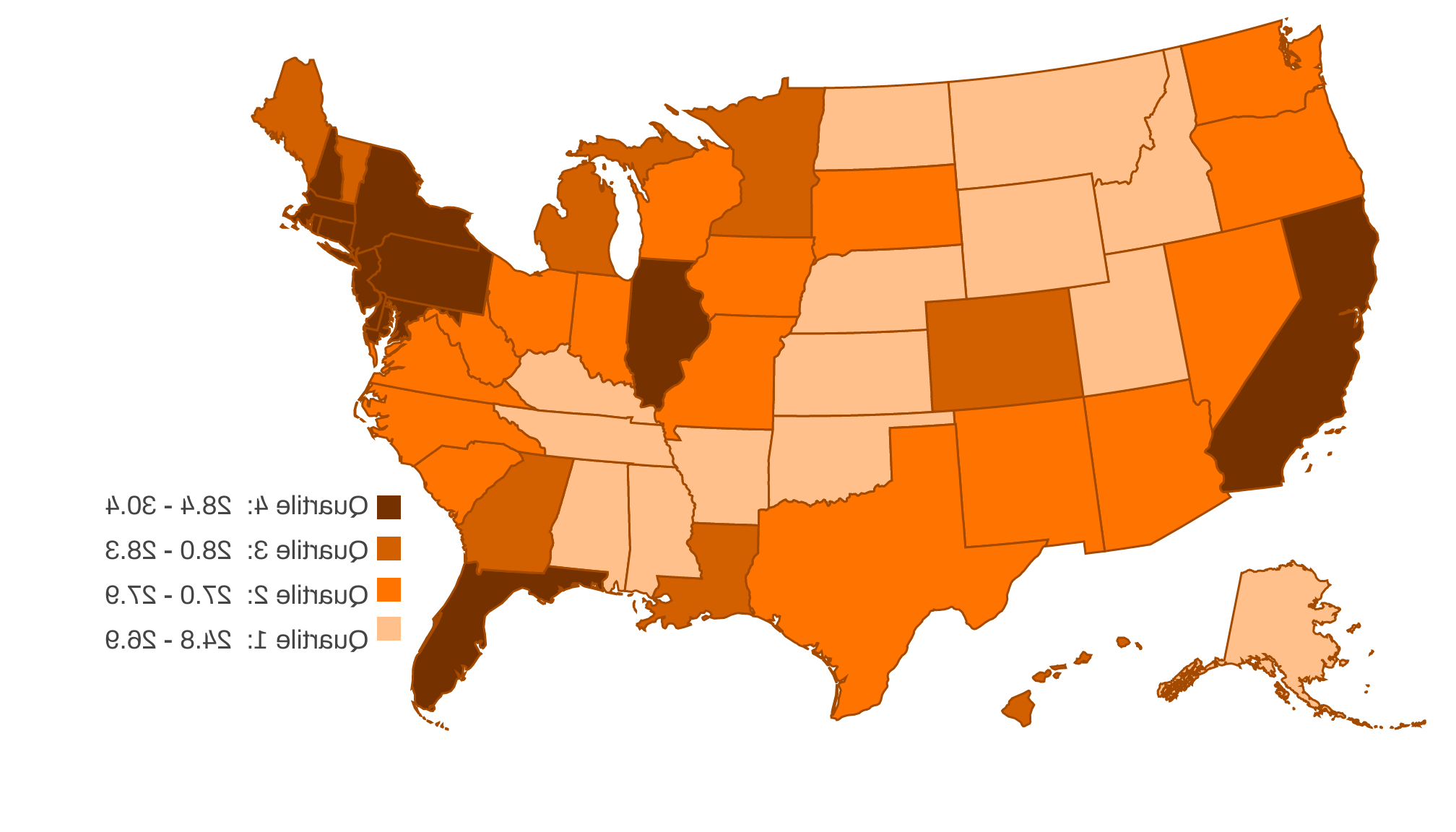2017年，美国地图用橙色表示各州女性初婚年龄中位数